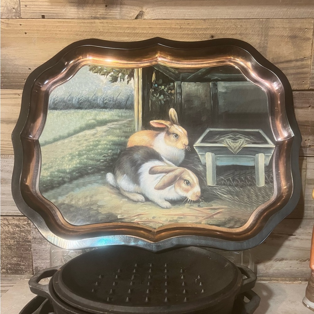 Vintage Extra Large Tole Tray Rabbits Hares Country Scene 22 x 17.5" RARE